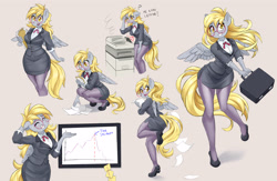 Size: 3691x2400 | Tagged: safe, artist:dstears, character:derpy hooves, species:anthro, species:pegasus, species:plantigrade anthro, g4, arm behind head, briefcase, business suit, chart, clothing, cravat, cute, derpabetes, embarrassed, eyes closed, female, floppy ears, glasses, grin, jacket, kneeling, mare, nervous, nervous grin, office, office lady, open mouth, pantyhose, paper, photocopier, question mark, shirt, skirt, skirt suit, smiling, solo, stockings, sweat, sweatdrop, thigh highs, wings