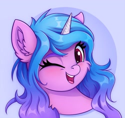 Size: 2119x2000 | Tagged: safe, artist:zeepheru_pone, character:izzy moonbow, species:pony, species:unicorn, g5, my little pony: a new generation, blushing, bust, cheek fluff, cute, ear fluff, female, fluffy, gradient mane, izzybetes, looking at you, mare, multicolored hair, one eye closed, open mouth, open smile, portrait, simple background, smiling, smiling at you, solo, wink, winking at you