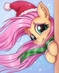 Size: 1962x2393 | Tagged: safe, artist:zeepheru_pone, character:fluttershy, species:pegasus, species:pony, g4, cheek fluff, christmas, clothing, colored eyebrows, cute, ear fluff, eyebrows, fluffy, hat, holiday, looking at you, santa hat, scarf, shyabetes, smiling, snow, snowfall, solo, windswept mane