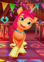 Size: 2480x3508 | Tagged: safe, artist:leonkay, character:sunny starscout, species:earth pony, species:pony, g5, bag, coat markings, colored eyebrows, colored hooves, cute, dance dance revolution, eyebrows, fake horn, female, hooves, just prance, mare, open mouth, pegasus crystal, satchel, signature, smiling, socks (coat marking), solo, sunny's buttons, unicorn crystal, unshorn fetlocks