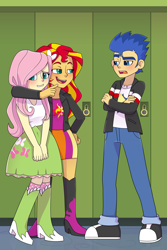 Size: 1800x2700 | Tagged: safe, artist:adgerelli, character:flash sentry, character:fluttershy, character:sunset shimmer, fanfic:looking glass, series:who we become, ship:flashimmer, g4, my little pony:equestria girls, arms folded, commission, crossed arms, fanfic, fanfic art, female, lockers, male, school, shipping, standing, straight, uncomfortable, unhappy