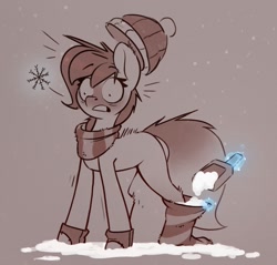Size: 1213x1159 | Tagged: safe, alternate version, artist:rexyseven, oc, oc only, oc:rusty gears, species:earth pony, species:pony, blushing, booties, christmas, clothing, female, glasses, glowing horn, gray background, hat, holiday, levitation, limited color, magic, mare, offscreen character, prank, scarf, shovel, simple background, snow, socks, solo, surprised, tail, telekinesis, wide eyes