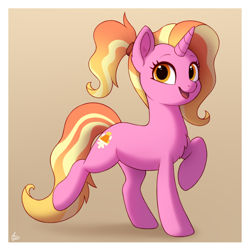 Size: 960x960 | Tagged: safe, artist:luminousdazzle, character:luster dawn, species:pony, species:unicorn, g4, chest fluff, cute, cutie mark, eyebrows, female, full body, looking at you, lusterbetes, mare, open mouth, open smile, raised hoof, signature, simple background, smiling, smiling at you, solo, standing on two hooves, three quarter view