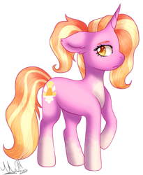Size: 1839x2244 | Tagged: safe, artist:greenmarta, character:luster dawn, species:pony, species:unicorn, episode:the last problem, g4, my little pony: friendship is magic, coat markings, colored pupils, eyebrows, female, floppy ears, looking back, mare, profile, raised hoof, signature, simple background, socks (coat marking), solo, transparent background