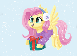 Size: 3748x2752 | Tagged: safe, artist:pucksterv, character:fluttershy, species:pegasus, species:pony, g4, blushing, clothing, earmuffs, eyebrows, female, flying, gift box, mare, open mouth, present, smiling, snow, snowfall, solo, sweater, tail