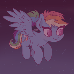 Size: 2048x2048 | Tagged: safe, artist:lynnpone, character:rainbow dash, species:pegasus, species:pony, g4, eye clipping through hair, female, flying, high res, mare, night, no pupils, solo, spread wings, stars, three quarter view, wings
