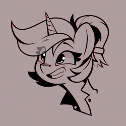 Size: 818x818 | Tagged: safe, artist:rexyseven, oc, oc only, species:pony, species:unicorn, blushing, bust, clothing, eye clipping through hair, eyebrows, eyebrows visible through hair, female, gray background, horn, mare, monochrome, ponytail, portrait, shirt, simple background, solo