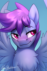 Size: 2000x3000 | Tagged: safe, artist:jedayskayvoker, oc, oc only, oc:windy dripper, species:pegasus, species:pony, g4, blushing, bust, chest fluff, eyebrows, eyebrows visible through hair, fluffy, full face view, gradient background, icon, looking sideways, male, pegasus oc, raised eyebrow, reward, signature, solo, spread wings, stallion, wingboner, wings