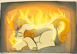 Size: 1216x857 | Tagged: safe, artist:czu, character:autumn afternoon, species:kirin, g4, background kirin, colored hooves, crossed hooves, cute, eyebrows, eyes closed, fire, fireplace, floppy ears, hooves, kirinbetes, lying down, male, mundane utility, on fire, prone, sleeping, smiling, solo, sweet dreams fuel, walking campfire