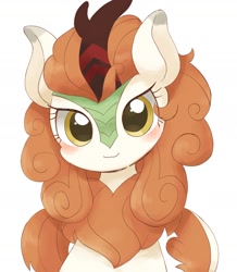 Size: 1598x1835 | Tagged: dead source, safe, artist:ginmaruxx, character:autumn blaze, species:kirin, species:pony, g4, awwtumn blaze, blushing, cute, eye clipping through hair, female, full face view, looking at you, mare, simple background, smiling, solo, white background