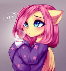 Size: 2800x3030 | Tagged: safe, artist:tatar.sauce, character:fluttershy, species:pegasus, species:pony, g4, blushing, clothing, colored pupils, cup, cute, daaaaaaaaaaaw, dialogue, drink, ear fluff, eyebrows, female, floppy ears, food, gradient background, gray background, hoodie, hoof hold, looking up, mare, shyabetes, simple background, solo, speech bubble, steam, tea, teacup, text, weapons-grade cute