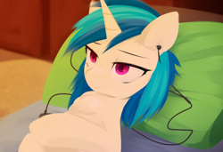 Size: 1252x854 | Tagged: safe, artist:some_ponu, character:dj pon-3, character:vinyl scratch, species:pony, species:unicorn, g4, colored pupils, digital art, digital painting, earbuds, eyebrows, female, lying down, mare, on back, pillow, solo