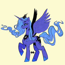 Size: 1080x1080 | Tagged: safe, artist:godivaghoul, character:princess luna, species:alicorn, species:pony, g4, alternate design, ethereal mane, raised hoof, s1 luna, simple background, yellow background