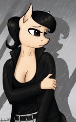 Size: 1200x1920 | Tagged: safe, artist:apocheck13, oc, oc only, oc:elya, species:anthro, species:earth pony, belt, breasts, cleavage, clothing, explicit source, female, looking sideways, mare, nervous, pants, ponytail, rain, shirt, solo