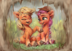 Size: 1200x850 | Tagged: safe, artist:assasinmonkey, character:applejack, character:sunny starscout, species:earth pony, species:pony, g4, g5, my little pony: a new generation, applejack's hat, braid, clothing, coat markings, colored hooves, cowboy hat, cute, digital painting, eyebrows, eyes closed, female, hat, hooves, jackabetes, mare, open mouth, open smile, raised hoof, signature, sitting, smiling, socks (coat marking), stetson, sunnybetes, three quarter view, unshorn fetlocks