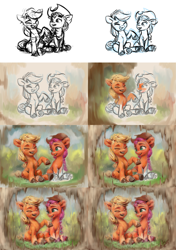 Size: 2160x3060 | Tagged: safe, alternate version, artist:assasinmonkey, character:applejack, character:sunny starscout, species:earth pony, species:pony, g4, g5, my little pony: a new generation, applejack's hat, braid, clothing, coat markings, colored hooves, cowboy hat, cute, digital painting, eyebrows, eyes closed, female, hat, hooves, jackabetes, mare, open mouth, open smile, raised hoof, signature, sitting, sketch, smiling, socks (coat marking), stetson, sunnybetes, three quarter view, unshorn fetlocks, wip