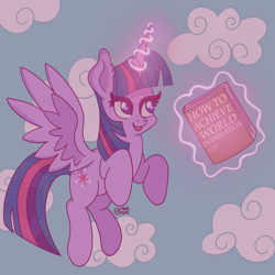 Size: 2048x2048 | Tagged: safe, artist:lynnpone, character:twilight sparkle, character:twilight sparkle (alicorn), species:alicorn, species:pony, g4, aesthetics, book, cloud, cute, eyelashes, female, flying, glowing, glowing horn, happy, horn, implied princess celestia, magic, magic aura, mare, no pupils, open mouth, open smile, signature, sky, smiling, spread wings, telekinesis, text, three quarter view, wings
