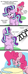 Size: 1018x2715 | Tagged: safe, artist:doodledonut, character:pinkie pie, character:starlight glimmer, species:earth pony, species:pony, species:unicorn, g4, cake, chest fluff, comic, dialogue, female, food, holding, mare, mouth hold, profile, signature, simple background, text, this will not end well, three quarter view, toothpaste