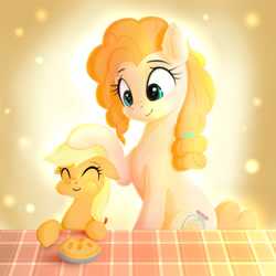 Size: 2000x2000 | Tagged: safe, artist:darksly, character:applejack, character:pear butter, species:earth pony, species:pony, newbie artist training grounds, g4, apple family member, atg 2021, cute, daughter, eating, eyes closed, female, filly, filly applejack, food, freckles, herbivore, high res, jackabetes, mare, mother, mother and child, mother and daughter, parent and child, pearabetes, pie, puffy cheeks, young, younger