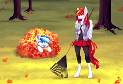 Size: 5306x3651 | Tagged: safe, artist:scarlet-spectrum, oc, oc only, oc:diamond sun, oc:hawker hurricane, species:anthro, species:pegasus, species:pony, species:unguligrade anthro, series:pet hawk, g4, anthro with ponies, autumn, colt, commission, duo, eye clipping through hair, eyebrows, eyebrows visible through hair, eyeroll, female, hawkmond, leaves, male, mare, pegasus oc, rake, smiling, three quarter view, tree, wings