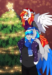 Size: 2335x3387 | Tagged: safe, artist:arctic-fox, oc, oc only, oc:diamond sun, oc:hawker hurricane, species:anthro, species:pegasus, species:unguligrade anthro, g4, anthro oc, christmas, christmas tree, clothing, colored wings, cute, duo, eye clipping through hair, eyebrows, eyebrows visible through hair, female, grin, hat, hawkmond, high res, holiday, male, mare, multicolored wings, ocbetes, open mouth, open smile, pegasus oc, santa hat, scarf, shoulder ride, smiling, spread wings, stallion, three quarter view, tree, two toned wings, wing fluff, wings