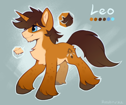 Size: 1332x1107 | Tagged: safe, artist:hioshiru, oc, oc only, oc:amur leo, species:pony, species:unicorn, g4, abstract background, chest fluff, color palette, colored hooves, cute, eyebrows, hooves, horn, leg fluff, male, ocbetes, profile, reference sheet, signature, simple background, smiling, solo, stallion, text, unicorn oc, unshorn fetlocks, white outline