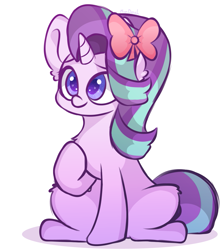 Size: 1131x1260 | Tagged: safe, artist:mindash12, character:starlight glimmer, species:pony, species:unicorn, g4, bow, chest fluff, colored pupils, cute, ear fluff, eyebrows, female, glimmerbetes, hair bow, leg fluff, mare, raised hoof, ribbon, signature, simple background, sitting, solo, three quarter view, white background