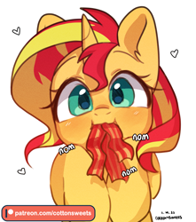 Size: 1949x2204 | Tagged: safe, artist:cottonsweets, character:sunset shimmer, species:pony, species:unicorn, g4, my little pony:equestria girls, bacon, bacon hair, cute, eating, eyebrows, female, food, full face view, heart, hooves, hooves to the chest, mare, meat, nom, patreon, patreon link, patreon logo, ponies eating meat, shimmerbetes, signature, simple background, solo, white background