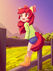 Size: 1800x2400 | Tagged: safe, artist:symbianl, character:apple bloom, species:human, g4, my little pony:equestria girls, adorabloom, apple family member, boots, clothing, colored eyebrows, colored pupils, cute, eared humanization, eyebrows, fence, grass field, human coloration, humanized, mountain, mountain range, open mouth, open smile, shoes, signature, smiling, solo, species swap, stars, sunset, tail, tailed humanization, tree, weapons-grade cute