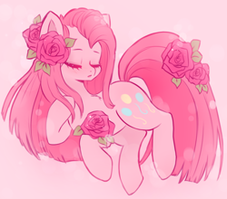 Size: 2500x2200 | Tagged: safe, artist:valeria_fills, artist:valeriafills, character:pinkamena diane pie, character:pinkie pie, species:earth pony, species:pony, g4, cute, cuteamena, eyebrows, eyes closed, flower, high res, pink background, simple background, solo, straight hair, three quarter view