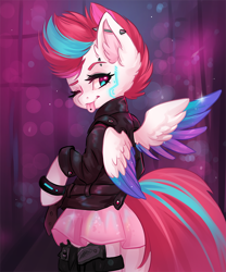 Size: 800x960 | Tagged: safe, artist:valeria_fills, artist:valeriafills, character:zipp storm, species:pegasus, species:pony, g5, my little pony: a new generation, arm hooves, bipedal, clothing, colored eyebrows, colored wings, ear fluff, ear piercing, eyebrows, female, gun, handgun, jacket, jewelry, leather jacket, looking at you, mare, multicolored wings, one eye closed, piercing, pistol, semi-anthro, skirt, solo, three quarter view, tongue out, tongue piercing, weapon, wings, wink, winking at you