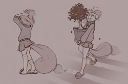 Size: 1323x874 | Tagged: safe, artist:rexyseven, oc, oc only, oc:whispy slippers, species:anthro, species:earth pony, clothing, female, glasses, gray background, mare, monochrome, plant, ponytail, potted plant, raised tail, shoes, simple background, sketch, skirt, slippers, socks, solo, stairs, sweater, tail, tail lift, worried