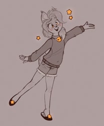 Size: 753x910 | Tagged: safe, alternate version, artist:rexyseven, oc, oc only, species:anthro, species:deer, clothing, ear fluff, female, flats, freckles, gray background, limited color, limited palette, open mouth, shoes, shorts, simple background, sketch, smiling, solo, sweater