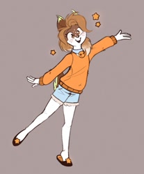 Size: 753x910 | Tagged: safe, alternate version, artist:rexyseven, oc, oc only, species:anthro, species:deer, clothing, colored, colored sketch, ear fluff, female, flats, freckles, gray background, open mouth, shoes, shorts, simple background, sketch, smiling, solo, sweater