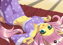 Size: 1407x1000 | Tagged: safe, artist:howxu, character:fluttershy, species:anthro, species:plantigrade anthro, g4, bed, belly button, blushing, breasts, clothing, colored pupils, cute, female, lying down, mare, midriff, on back, open mouth, pajamas, shyabetes, signature, solo, wingless, wingless anthro