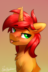 Size: 2000x3000 | Tagged: safe, artist:jedayskayvoker, patreon reward, oc, oc only, oc:rayven, species:pony, species:unicorn, g4, blep, blushing, bust, chest fluff, cute, eyebrows, eyebrows visible through hair, fluffy, gradient background, high res, horn, icon, looking at you, male, mlem, patreon, raised eyebrow, signature, silly, simple background, smiling, smiling at you, solo, stallion, three quarter view, tongue out, unicorn oc