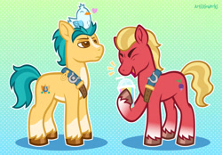 Size: 3450x2399 | Tagged: safe, artist:artisticwerks, character:hitch trailblazer, character:sprout, species:bird, species:earth pony, species:pony, g5, my little pony: a new generation, blaze (coat marking), coat markings, colored eyebrows, colored hooves, critter magnet, eyebrows, eyes closed, gradient background, heart, high res, hooves, male, raised hoof, sash, signature, smoothie, socks (coat marking), those critters sure do love that pony, three quarter view, unamused, unshorn fetlocks