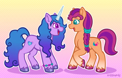 Size: 3750x2400 | Tagged: safe, artist:artisticwerks, character:izzy moonbow, character:sunny starscout, species:earth pony, species:pony, species:unicorn, g5, my little pony: a new generation, bracelet, braid, coat markings, colored eyebrows, colored hooves, colored pupils, cute, eyebrows, female, gradient background, gradient mane, gradient tail, high res, hooves, izzybetes, jewelry, looking at each other, mare, multicolored hair, open mouth, open smile, profile, raised hoof, signature, simple background, smiling, smiling at each other, socks (coat marking), sunnybetes, unshorn fetlocks