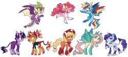Size: 1800x800 | Tagged: safe, artist:s-grunge, character:applejack, character:fluttershy, character:pinkie pie, character:rainbow dash, character:rarity, character:spike, character:sunset shimmer, character:twilight sparkle, species:dragon, species:earth pony, species:pegasus, species:pony, species:unicorn, g4, my little pony:equestria girls, alternate design, alternate hairstyle, alternate mane seven, alternate mane six, applejack's hat, bow, butterfly wings, chest fluff, clothing, coat markings, cowboy hat, ear fluff, eyebrows, eyebrows visible through hair, eyes closed, female, flying, freckles, hat, knee high socks, lidded eyes, looking at you, male, mane seven, mane six, mare, missing cutie mark, one eye closed, redesign, simple background, socks, socks (coat marking), spread wings, stetson, transparent background, winged spike, wings