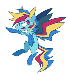 Size: 400x440 | Tagged: safe, artist:s-grunge, character:rainbow dash, species:pegasus, species:pony, g4, alternate design, clothing, colored pupils, colored wings, female, flying, looking sideways, mare, multicolored wings, open mouth, part of a set, raised hoof, redesign, simple background, socks, solo, spread wings, three quarter view, transparent background, wings