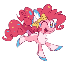 Size: 380x340 | Tagged: safe, artist:s-grunge, character:pinkie pie, species:earth pony, species:pony, g4, alternate design, bow, chest fluff, coat markings, colored hooves, female, hooves, mare, one eye closed, open mouth, open smile, part of a set, redesign, simple background, smiling, socks (coat marking), solo, three quarter view, transparent background, unshorn fetlocks, wink