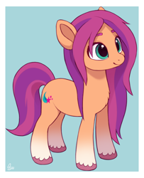 Size: 810x1000 | Tagged: safe, artist:luminousdazzle, character:sunny starscout, species:earth pony, species:pony, g5, my little pony: a new generation, blue background, chest fluff, coat markings, colored eyebrows, colored hooves, cute, eyebrows, female, full body, hooves, looking up, loose hair, mare, multicolored mane, simple background, smiling, socks (coat marking), solo, standing, sunnybetes, tail, teal eyes, three quarter view, two toned mane, two toned tail, unkempt mane, unshorn fetlocks