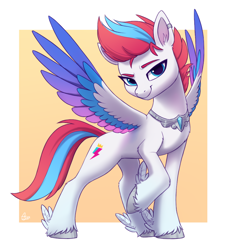 Size: 850x940 | Tagged: safe, artist:luminousdazzle, character:zipp storm, species:pegasus, species:pony, g5, my little pony: a new generation, alternate design, colored hooves, colored wings, ear fluff, ear piercing, earring, eyebrows, eyelashes, feathered fetlocks, female, hooves, jewelry, looking at you, mare, multicolored wings, necklace, piercing, raised hoof, regalia, signature, simple background, smiling, smiling at you, smirk, solo, spread wings, three quarter view, unshorn fetlocks, wings, yellow background