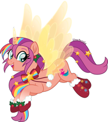 Size: 3552x4000 | Tagged: safe, artist:limedazzle, part of a set, character:sunny starscout, species:alicorn, species:earth pony, species:pony, g4, g5, my little pony: a new generation, alicornified, artificial horn, artificial wings, augmented, christmas, clothing, colored eyebrows, eyebrows, g5 to g4, holiday, looking at you, magic horn, magic wings, multicolored hair, open mouth, race swap, signature, simple background, socks, sunnycorn, transparent background, wings