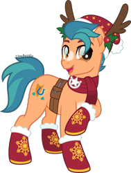 Size: 3029x4000 | Tagged: safe, artist:limedazzle, part of a set, character:hitch trailblazer, species:earth pony, species:pony, g4, g5, my little pony: a new generation, blaze (coat marking), christmas, clothing, coat markings, colored eyebrows, cute, eyebrows, g5 to g4, hitchbetes, holiday, male, open mouth, raised hoof, scarf, simple background, solo, stallion, three quarter view, transparent background