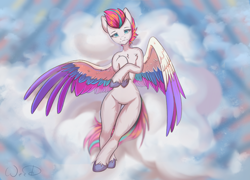 Size: 2840x2048 | Tagged: safe, artist:maybeweed, character:zipp storm, species:pegasus, species:pony, g5, my little pony: a new generation, chest fluff, cloud, colored hooves, colored wings, eyebrows, eyes open, female, full face view, high res, hooves, looking at you, mare, multicolored wings, semi-anthro, solo, spread wings, unshorn fetlocks, wings