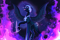 Size: 3084x2048 | Tagged: safe, artist:maybeweed, character:nightmare moon, character:princess luna, species:alicorn, species:pony, g4, clothing, curved horn, evil grin, fangs, female, floppy ears, grin, helmet, high res, hoof shoes, horn, jewelry, looking at you, mare, necklace, peytral, profile, raised hoof, sharp teeth, shoes, smiling, smiling at you, solo, spread wings, wings