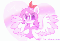 Size: 2131x1448 | Tagged: safe, artist:memengla, oc, oc only, species:pegasus, species:pony, blurry, blushing, cute, eye clipping through hair, eyebrows, eyebrows visible through hair, free art, ocbetes, spread wings, wings