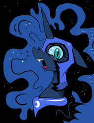 Size: 2348x3076 | Tagged: safe, artist:paskanaakka, derpibooru original, character:nightmare moon, character:princess luna, species:alicorn, species:pony, g4, angry, bust, ethereal mane, explicit source, fangs, female, galaxy mane, helmet, horn, mare, open mouth, portrait, sharp teeth, slit eyes, solo, tongue out