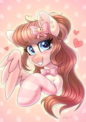Size: 2480x3508 | Tagged: safe, artist:dandy, oc, oc only, oc:strawberry milk, species:pegasus, species:pony, blushing, bow, bowtie, bust, clothing, cute, ear fluff, ear piercing, earring, eye clipping through hair, eyebrows, eyebrows visible through hair, female, floating heart, gift art, heart, heart eyes, jewelry, looking at you, mare, ocbetes, piercing, portrait, smiling, socks, solo, spread wings, striped socks, wingding eyes, wings